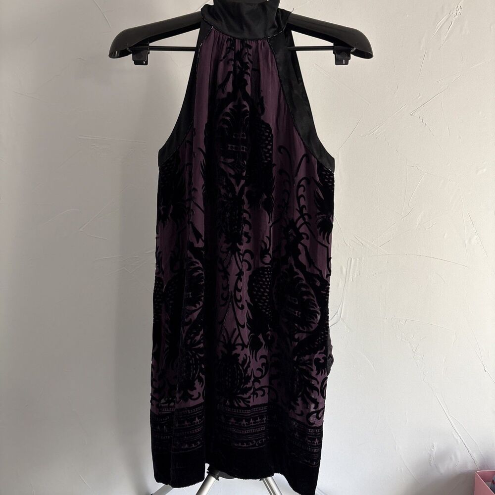 Mango Suit Silk Blend Velvet Burnout Halter Dress Purple Black Women's Size 6